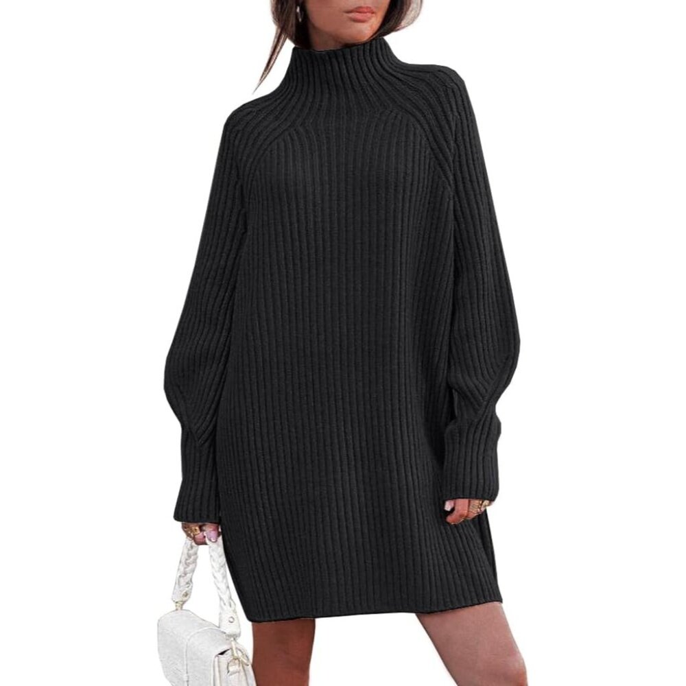 Sweater Dress Women Fall Fashion Knit Mock Turtleneck Long Lantern Sleeve
